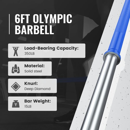 TECHNOAGE 6FT Olympic Barbell for Strength and Weightlifting Training, 1 Inch Olympic Bar Barbell for Squat, Curl, Deadlift, Bench Press, Overhead Press, Hip Thrust, 350LBS Capacity(Blue&Silver)