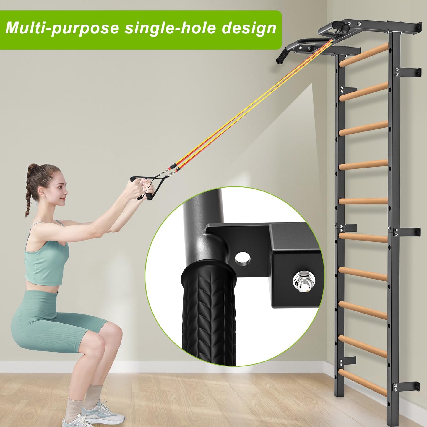 Kipika Gymnastic Stall Bar - 2"x2" Swedish Ladder with 1" Hole, Wall Mounted Pull-up Bar Ladder Suspension Trainer, Solid Wood Grips Gymnastics Training Bar for Home, Wall Gym, School