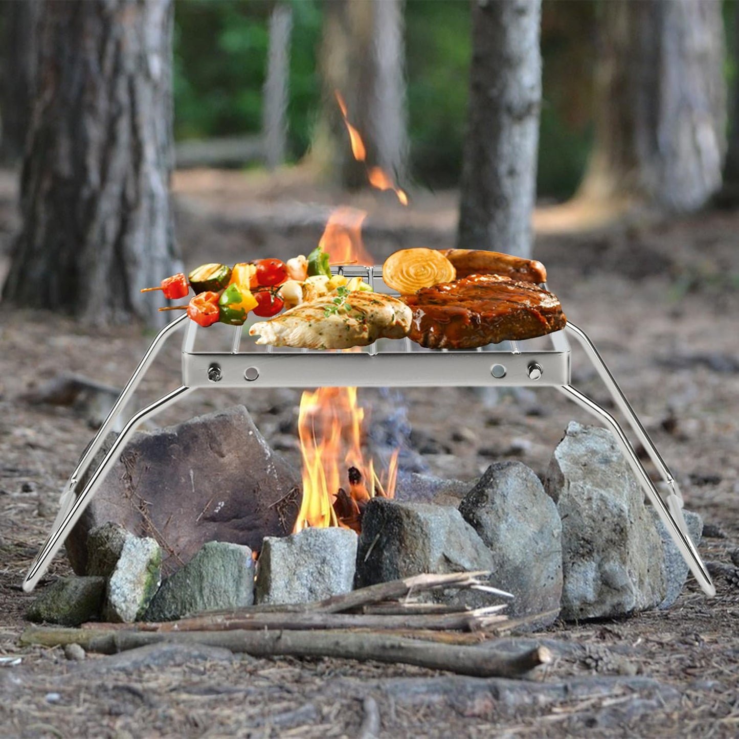 2pcs Folding Campfire Grill, 304 Stainless Steel Portable Campfire Grill Grate Small Camping Campfire Grill Grate Over Fire Pit Camping Grill for Outdoor Backpacking BBQ
