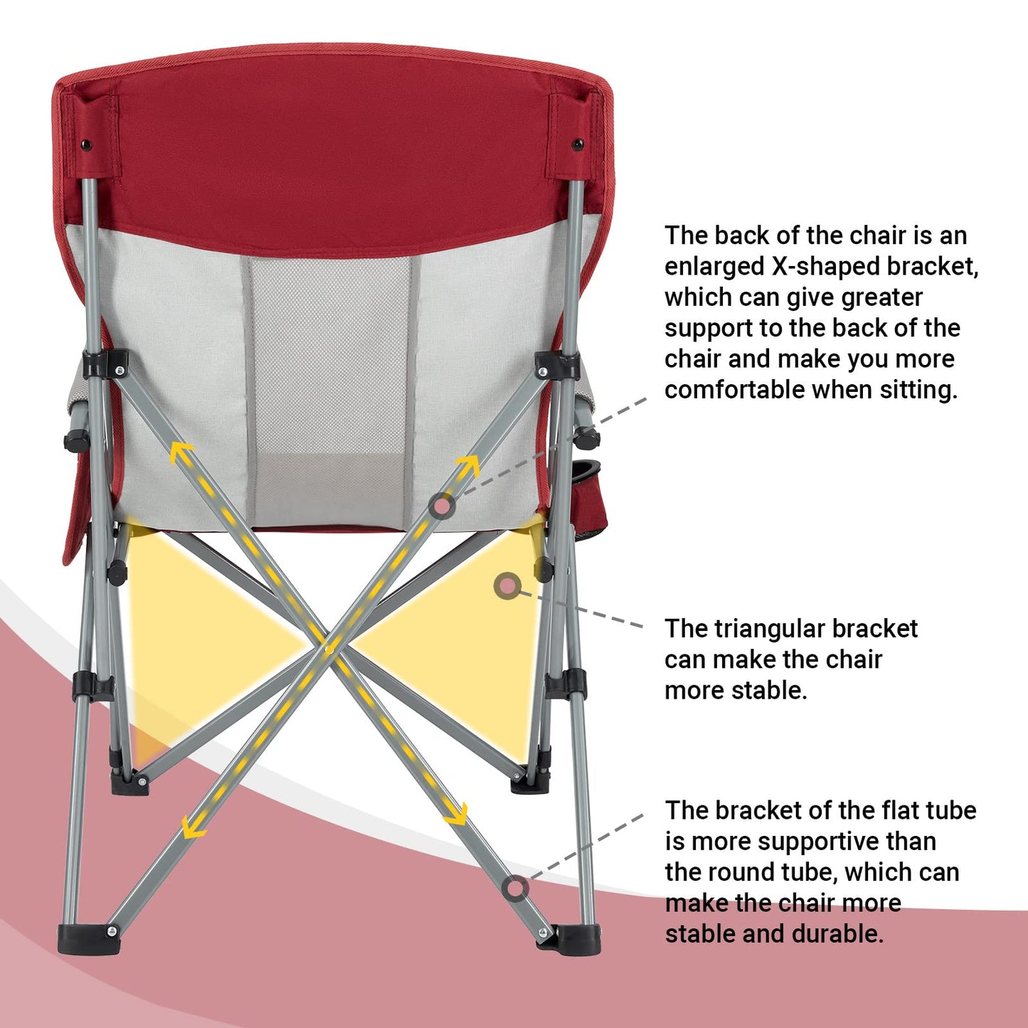 KingCamp Camping Chair for Adults with Arm Rest and Cup Holder Portable Camping Chair Support 300LBS Heavy Duty Folding Camp Chair for Lawn Outdoor Sports Travel (Red&Gray)