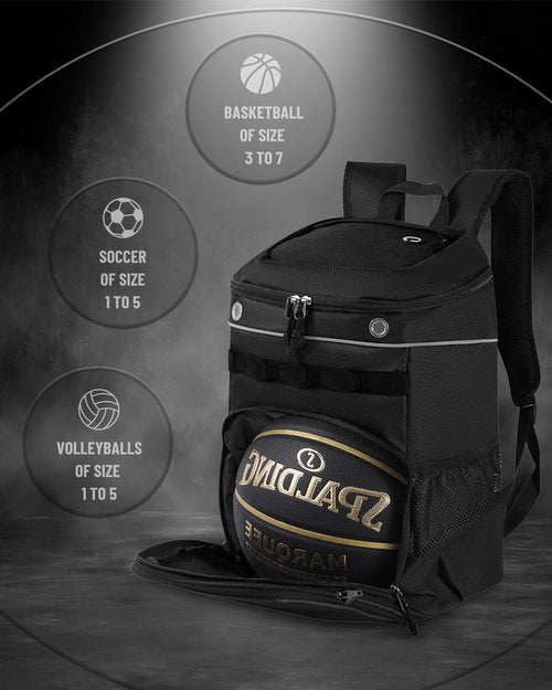 TRAILKICKER Basketball Bag Backpack with Ball Holder Multi-Sport Backpack for Soccer Volleyball Football Baseball Helmet (TK11-Black, Medium)