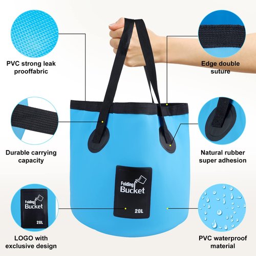 B013 Collapsible Bucket with Handle - Foldable Water Bucket for Easy Storage | Durable & Portable Folding Bucket for Camping, Hiking (Blue)
