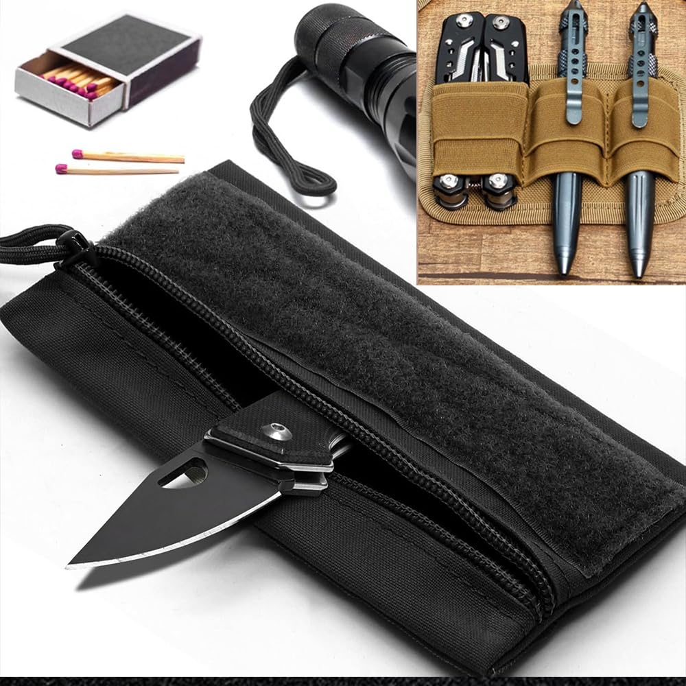 2pcs Tactical Tool Zipper Pouch EDC Elastic Organizer Holder, Expansion Pouch Utility Bag Insert Attachment with Hook Plate Backed, Storage Pocket Set for Tactical Vest Chest Rig Backpack (Black)