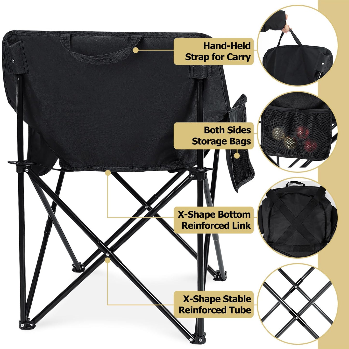 Leonyo Folding Camping Chairs, Portable Outdoor Lawn Chairs for Adults with Carrying Bag for Outside Fishing, Hiking & Festivals, Black