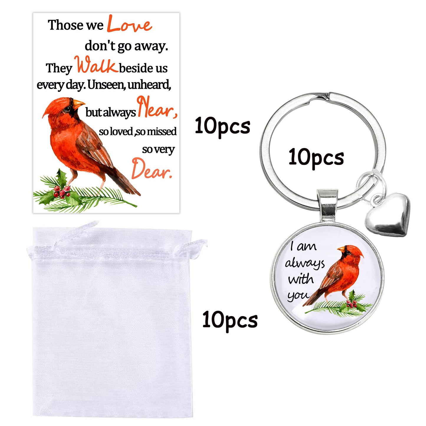 10 Set Cardinal Keychain Bulk Metal Red Bird Cardinal Key I Am with You Always Poem Cards White Organza Bags Funeral Gifts Grief Gifts Sympathy Gifts for Condolence Remembrance Bereavement