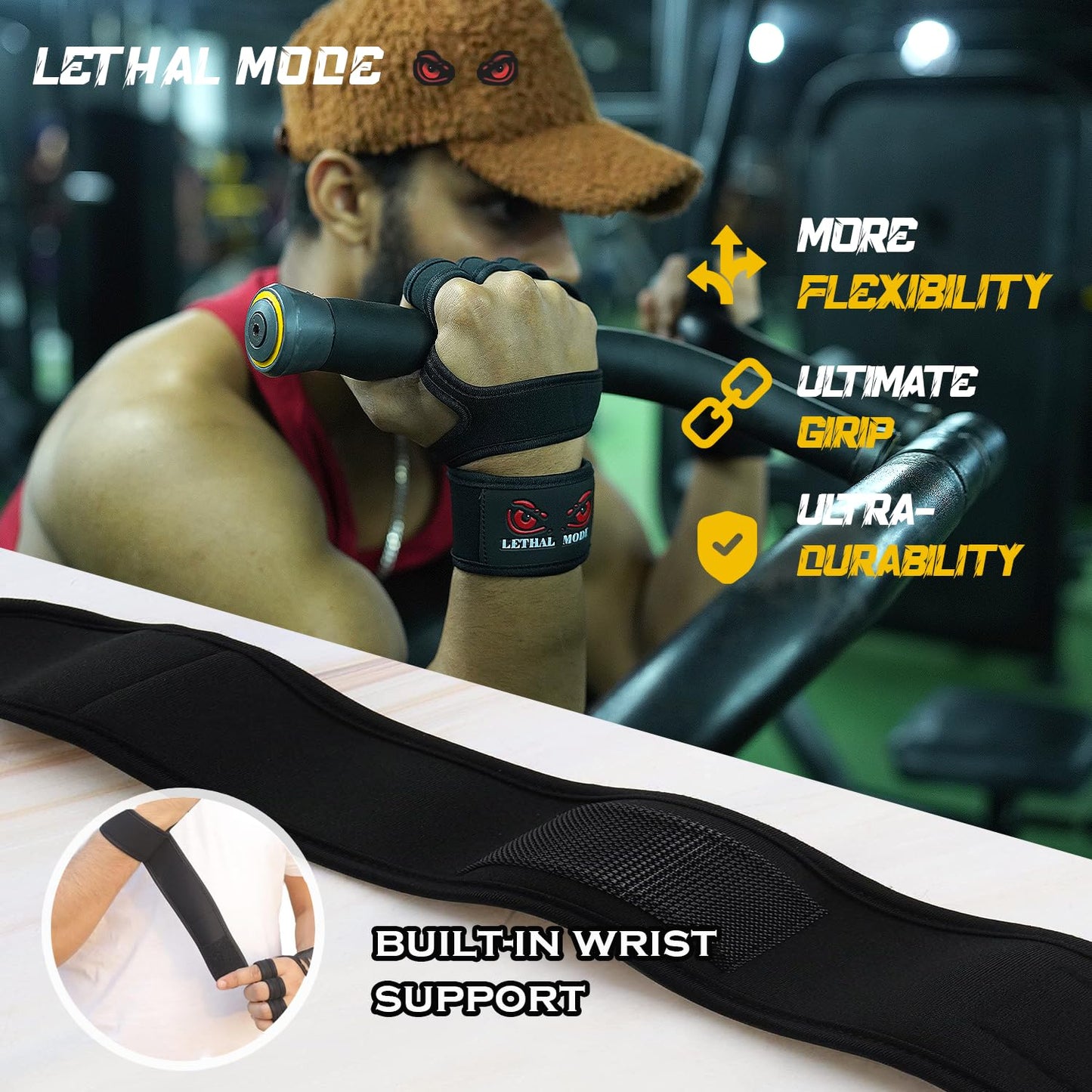 LETHAL MODE Workout Gloves for Men & Women – Fingerless Weight Lifting Gloves with Wrist Support for Gym, Crossfit, and Exercise – Durable Grip for Weightlifting, Cycling & Training (D1, X-Large)