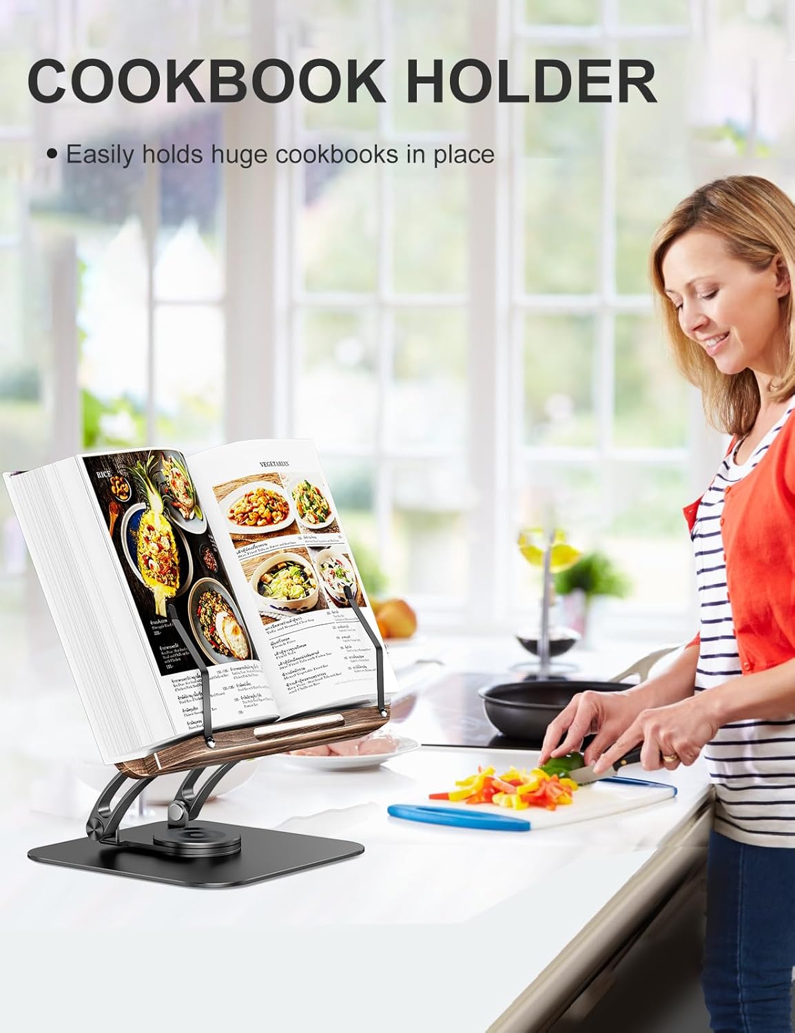 Tounee Book Stand for Reading, Adjustable Book Holder with 360° Swivel Base, Foldable Cookbook Stand Recipe Book Holder with Elastic Page Clips for Music Scores, Recipe, Tablet, Laptop-Gray