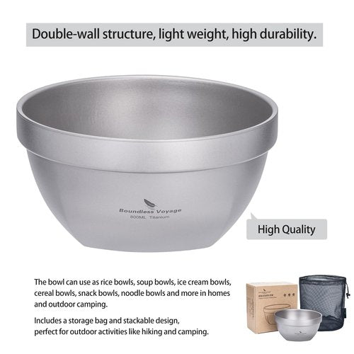 Boundless Voyage Titanium Double Walled Bowl Oatmeal Rice Soup Yogurt Bowl Ultralight Portable Tableware Outdoor Camping Metal Bowls (800ml)