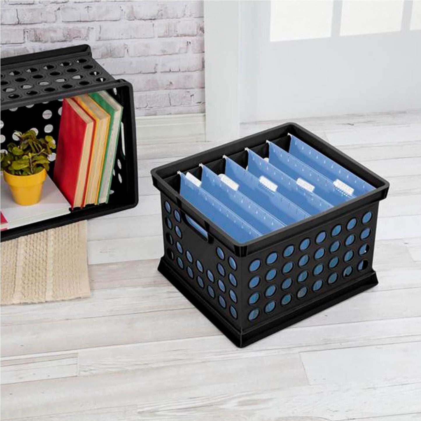 Sterilite Stackable Plastic Storage Crate Bin Organizer File Box with Handles for Home, Office, Dorm, Garage, or Utility Organization, Black, 6-Pack