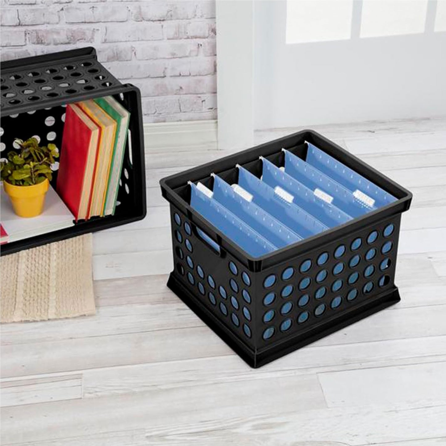 Sterilite Stackable Plastic Storage Crate Bin Organizer File Box with Handles for Home, Office, Dorm, Garage, or Utility Organization, Black, 6-Pack