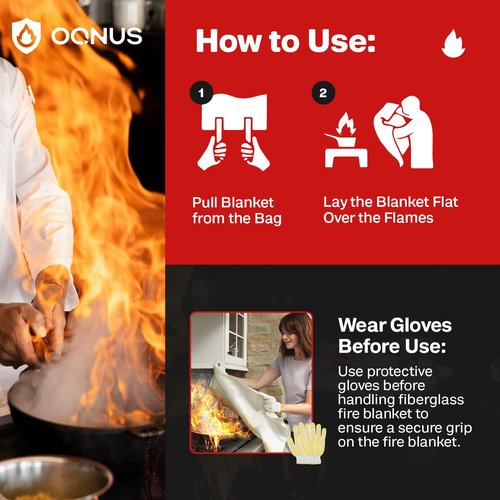 Oqnus Emergency Fire Blanket - Fiberglass Safety Fire Retardant Blanket with Hook & Gloves | Fire Suppression Blanket for Home, Kitchen, Garage & Camping, 40” x 40” - White, Pack of 1