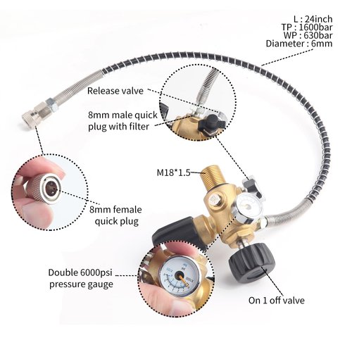 Owfeel M18x1.5 DIN Valve Scuba Adapter with Gauge, 4500Psi/300Bar High Pressure Compressor Pcp Paintball Filling Station,24 inch Soft Hose Pcp Charging Valve for Air Tank, PCP Air Rifle, Paintball