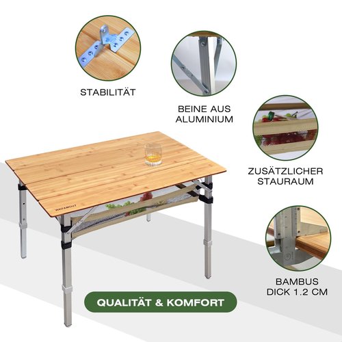 WKFAMOUT Bamboo Folding Camping Table 4 Folds with Adjustable Aluminum Legs Portable Picnic Table with Storage and Carry Bag for Outdoor Hiking Beach 2-4 Person