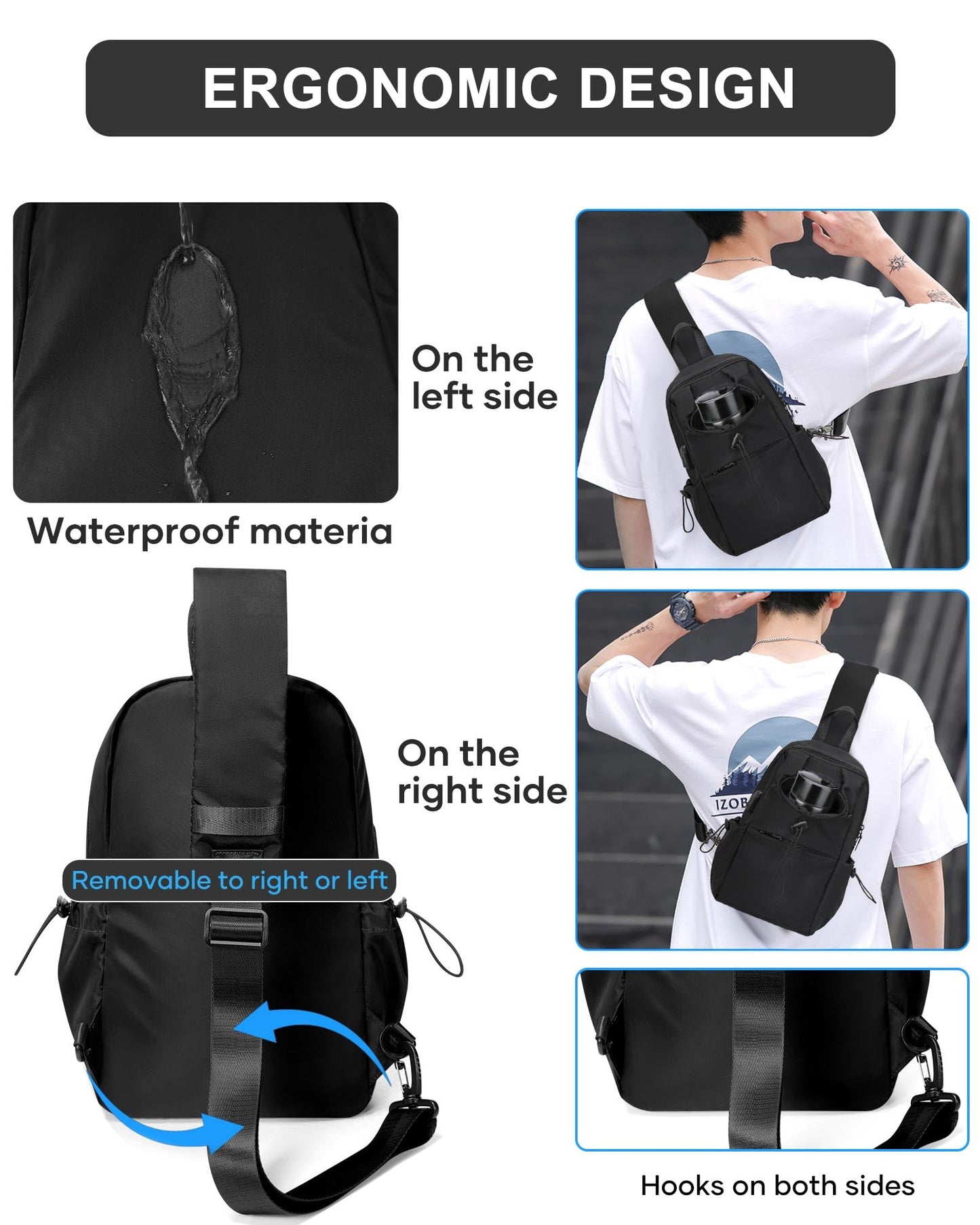 Black Sling Crossbody Bag for Men Women, Tactical Backpack Shoulder Daypack Mini Anti-Theft Cross Body Motorcycle Chest Bags, Small One Strap Fanny Back Pack for Casual Travel Hiking Sport Gym