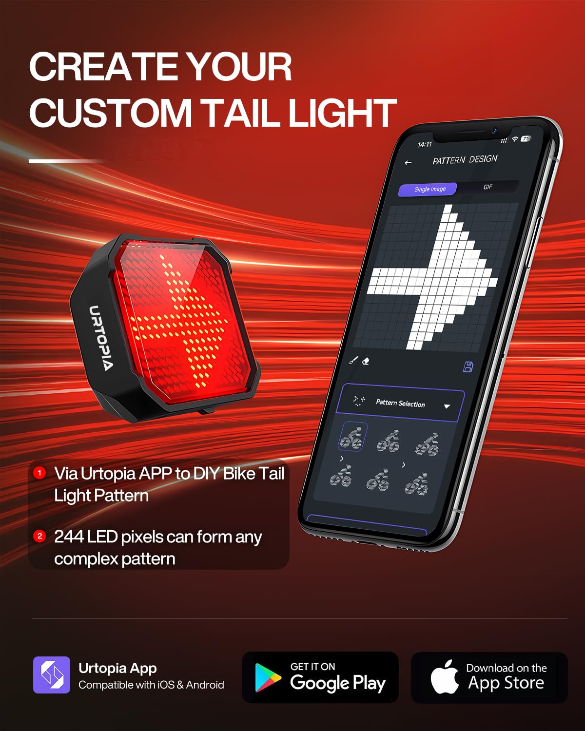 Animated Bike Tail Light, Design Patterns via App, Cute Bike Light, Smart Bicycle Brake Light for Night Riding, Rechargeable, IP66 Waterproof, Gift for Kids and Cyclist