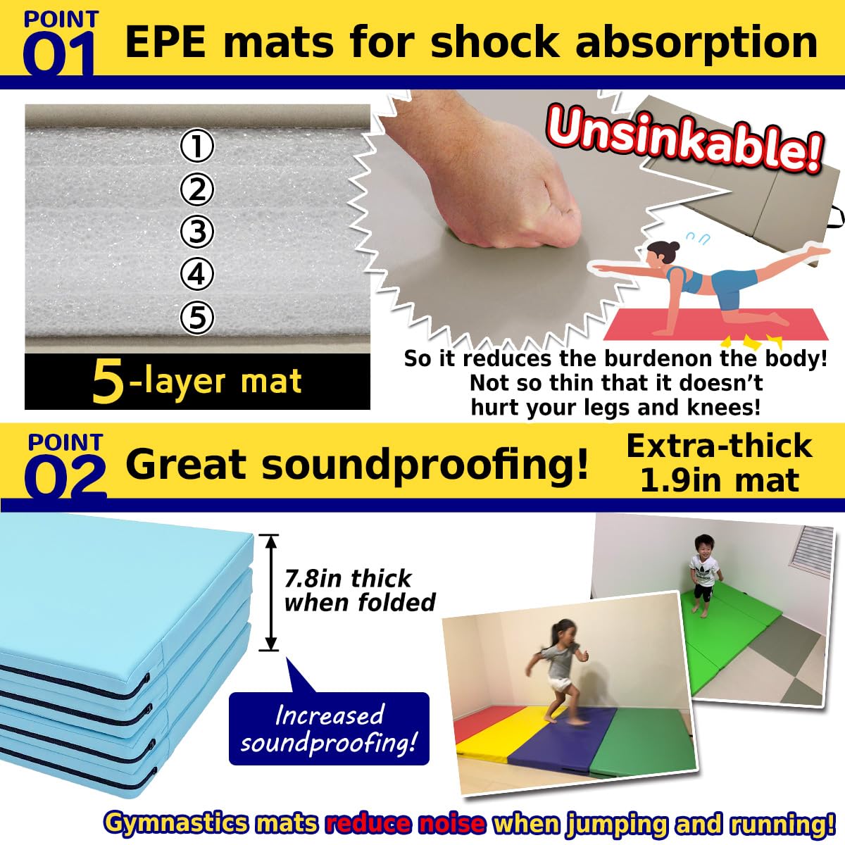 KaRaDaStyle Gymnastics Mat 4-Folding Stretch Mats 71"x31"x2" Exercise Muscle Training Children Play Horizontal Bar Mat Yoga Sports Soundproof Home Use (Yellow/4-fold)