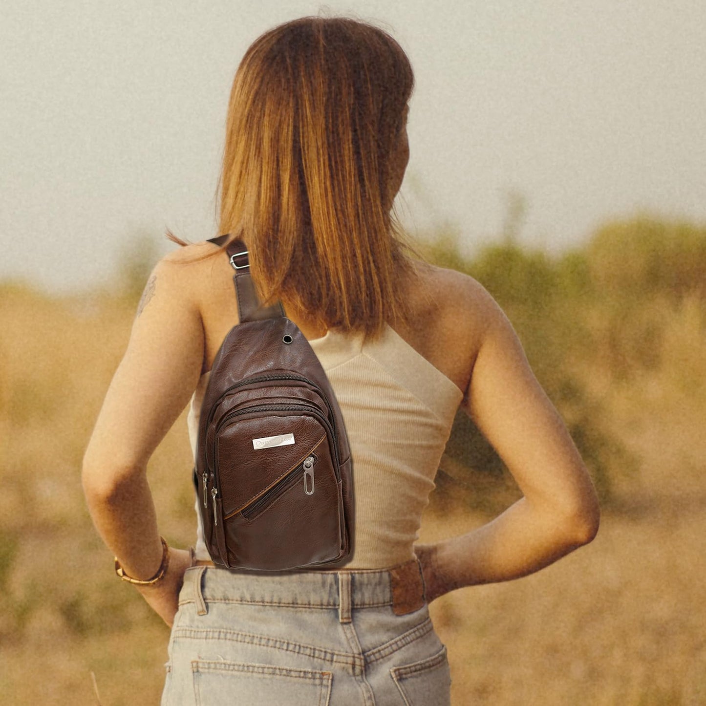 QuneusHot 2Pcs Sling Bags for Crossbody Small Leather Backpack Anti Theft Casual Chest Bag Travel Hiking for Men Women Coffee