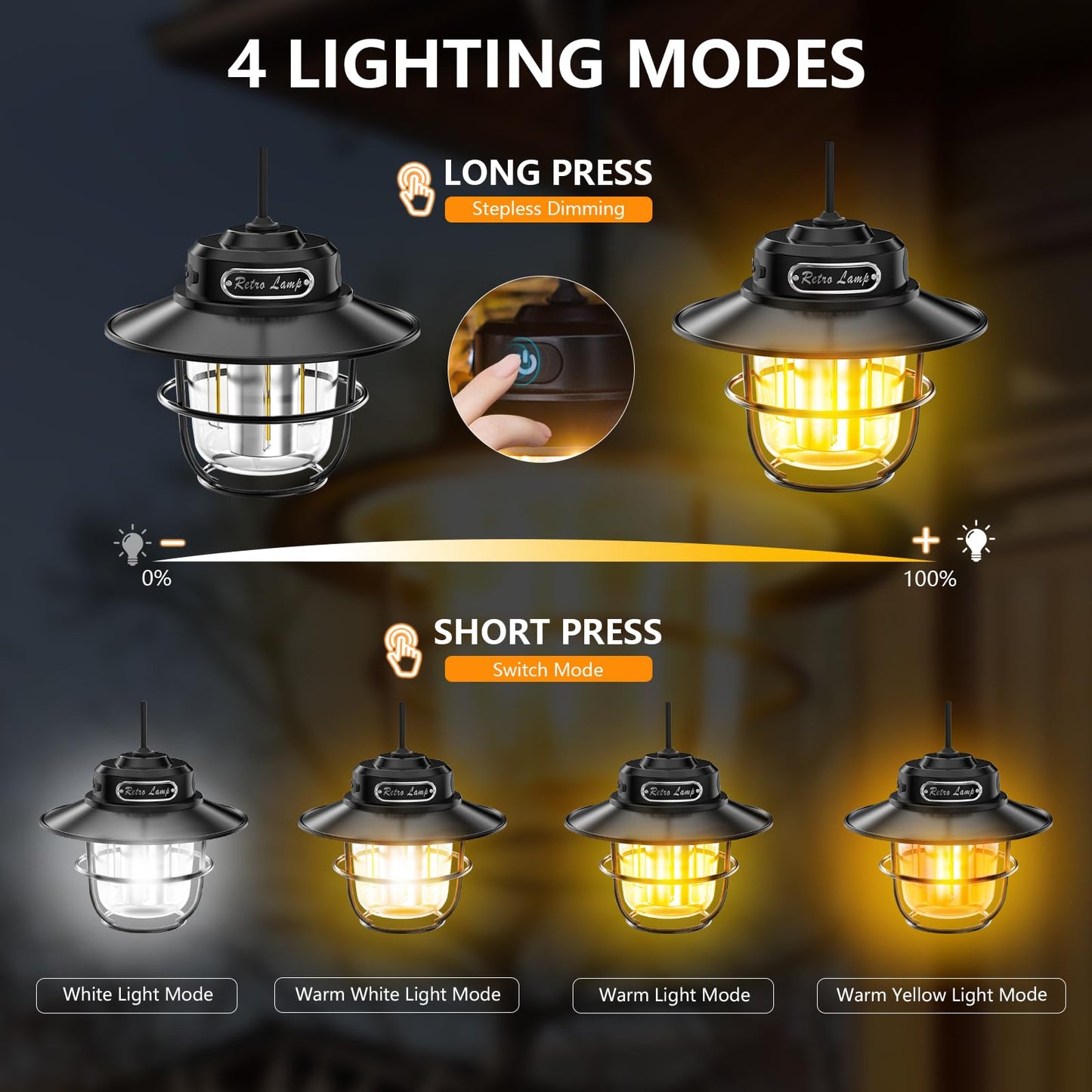 XRDZYXGS Camping Lantern, Portable Camping Light, Rechargeable Lanterns 4 Light Modes(1300-6500K), Adjustable Brightness, Waterproof Tent Lantern LED Lanterns for Power Outages, Camping, Fishing