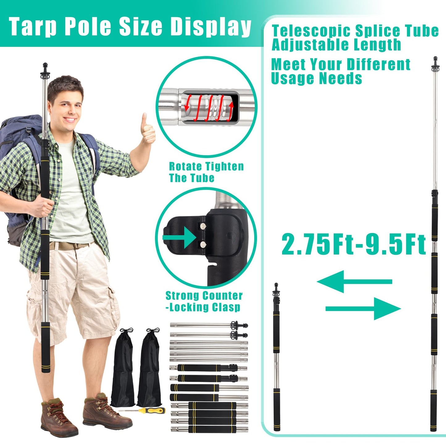 Frebuta Tarp Poles,Tent Poles Set of 2 2ft to 9.5ft Replacement Canopy Poles Heavy Duty Telescoping Tent Poles for Tarp Outdoor Camping Awning Poles Adjustable Sturdy Durable Shade Cloth Poles