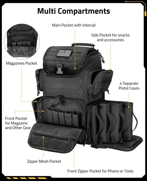CVLIFE Tactical Range Backpack with Removable Divider, Gun Cases Bag with 4 Pistol Carrying Cases for Handgun and Ammo, Large Military Molle Assault Pack Rucksack for Shooting Hunting, Black