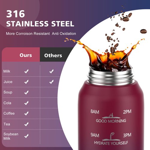 SLUXKE Insulated Water Bottle 32oz with 2Lids(Straw Lid & Spout Lid), 1L Double Walled Water Bottle with Time Marker, 1000ml Stainless Steel Metal Flask for Fitness, Gym and Outdoor RED BLACK