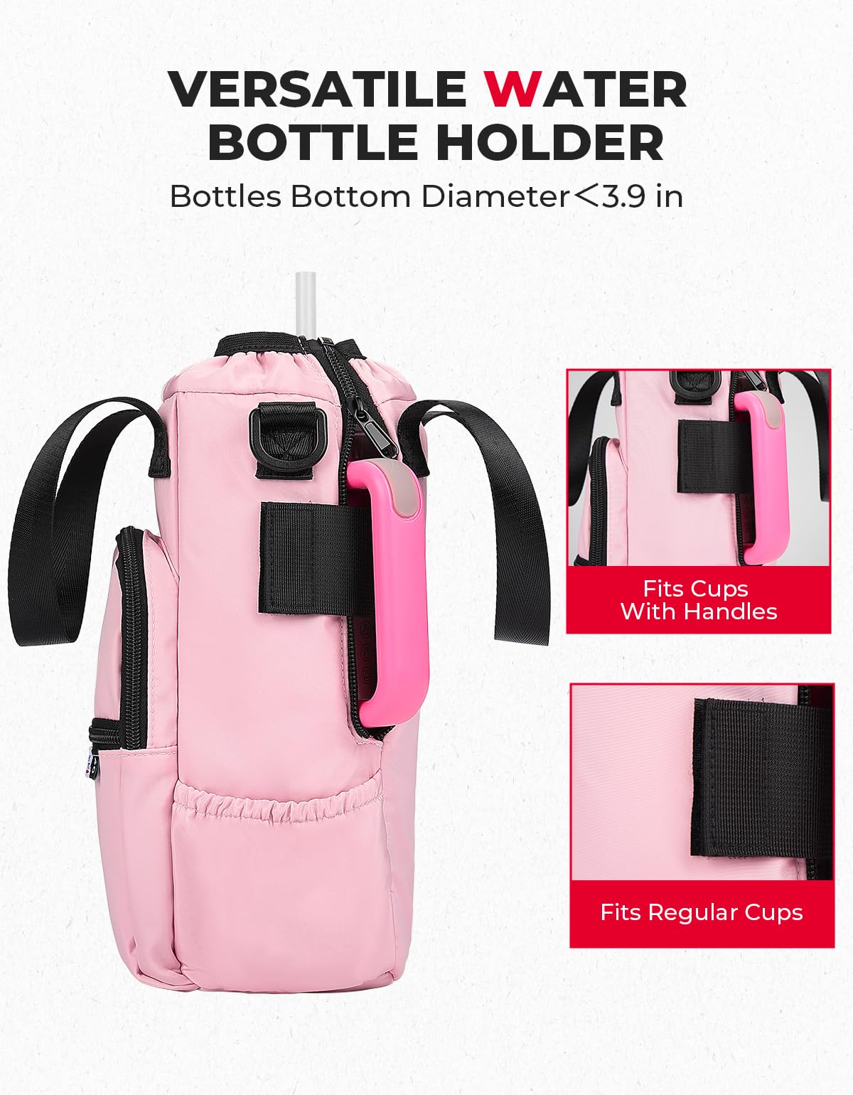 KEMIMOTO Upgraded Dual-Use Water Bottle Holder Bag for 40/30 oz Handle and Non-Handle Tumblers, Water Bottle Carrier Bag with Adjustable Shoulder Strap Carrier and Phone Pocket,30oz Pink