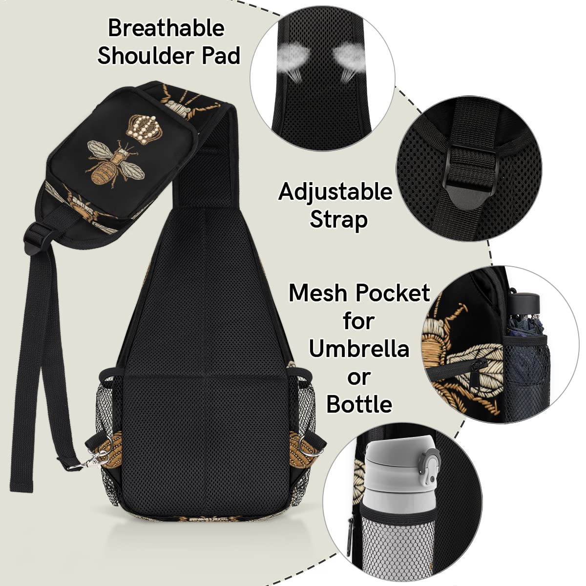Bee Pattern Sling Bag Crossbody Sling Backpack Water Resistant Shoulder Bag Outdoor Travel Hiking Chest Bag Daypack for Women Men Unisex