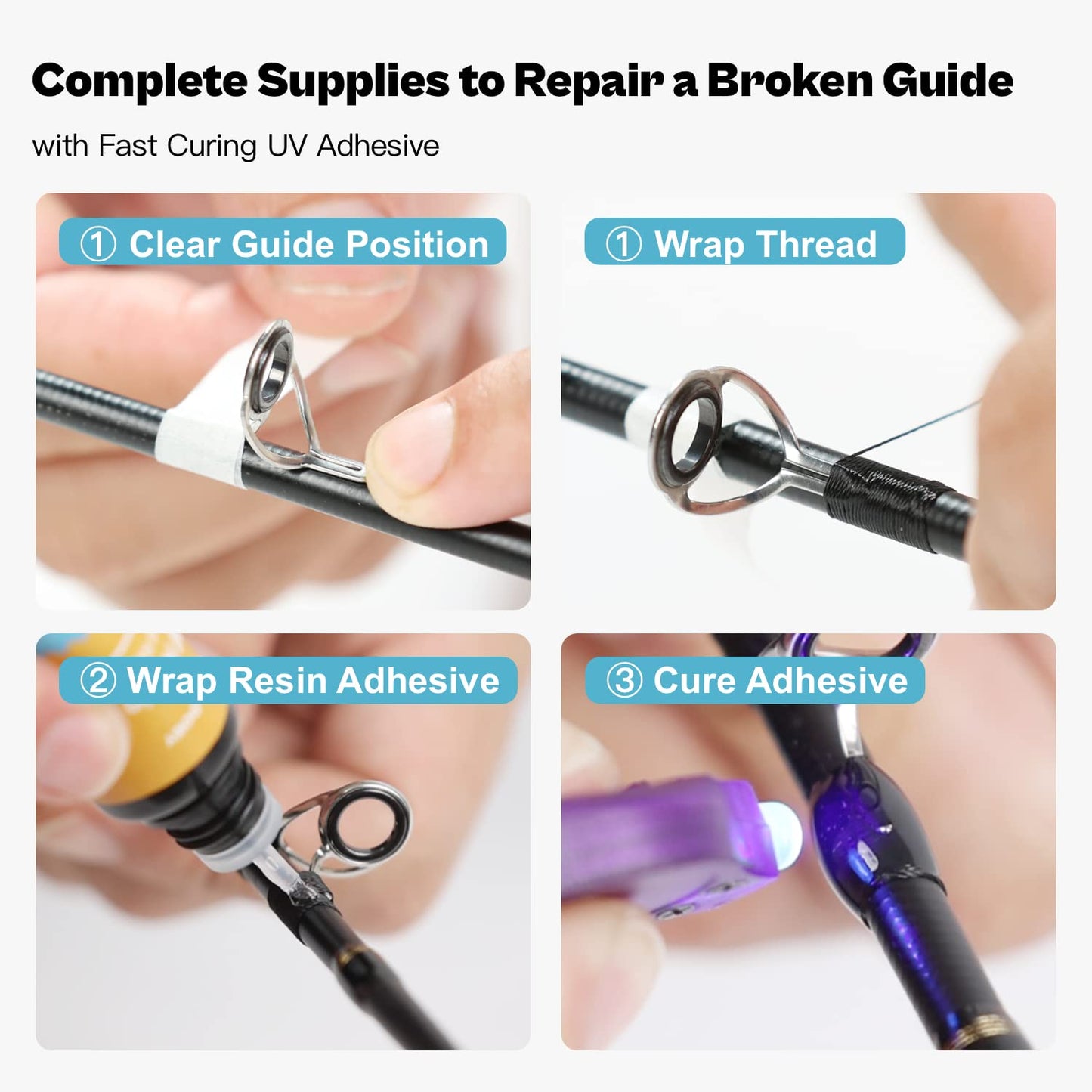 OJYDOIIIY Fishing Rod Eyelet Repair Kit Complete, Emergency Quick-Fix Fishing Pole Eyes Replacement Kit with Stainless Steel Guides for Spinning/Casting Rod