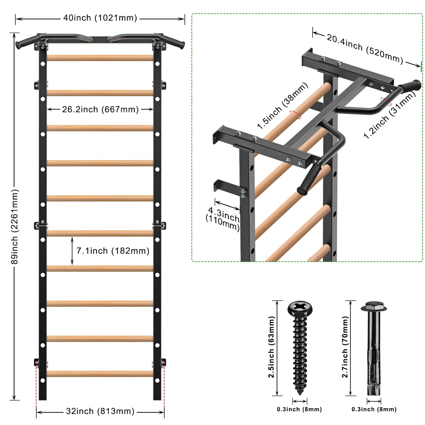 Kipika Gymnastic Stall Bar - 2"x2" Swedish Ladder with 1" Hole, Wall Mounted Pull-up Bar Ladder Suspension Trainer, Solid Wood Grips Gymnastics Training Bar for Home, Wall Gym, School