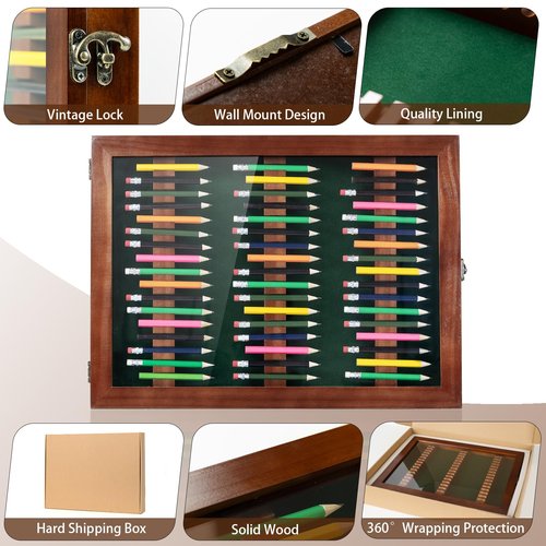 Golf Pencil Display Case Holds 51 Round or Octagonal Golf Pencils Wood Wall Mount Clear Display Case with Acrylic Dust UV Cover