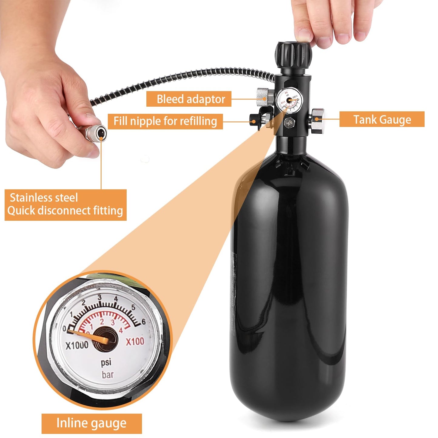 Orcair Discounted DOT 98ci/1.6L Carbon Fiber Tank with Dual Gauge Valve,PCP Tank 4500 psi,Complete PCP Airgun Charging System Lightweight Paintball Fill Station
