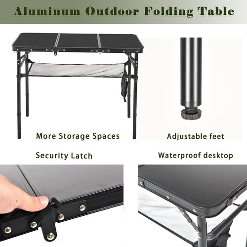 Geastsheng Portable Folding Camping Table, Lightweight Aluminum Outdoor Picnic Table with Adjustable Height, Compact & Sturdy Kid Table for Camping, Hiking, Backyard, Beach, Black
