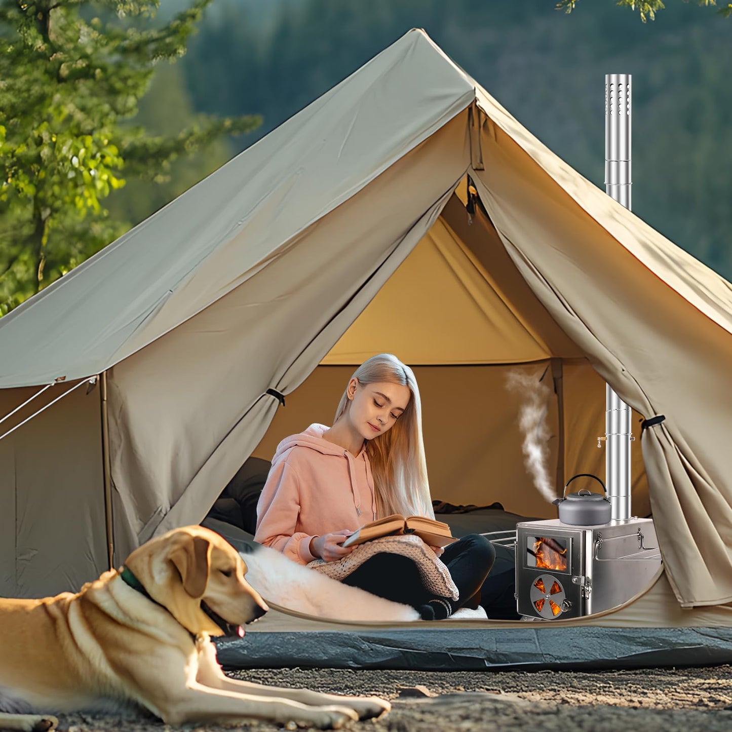 LAMA Stainless Steel Hot Tent Stove - Wood Burning Stove with 6 Chimney Pipes for Tents, Camping, Fishing & Hunting - Portable Outdoor Heating & Cooking, Silver