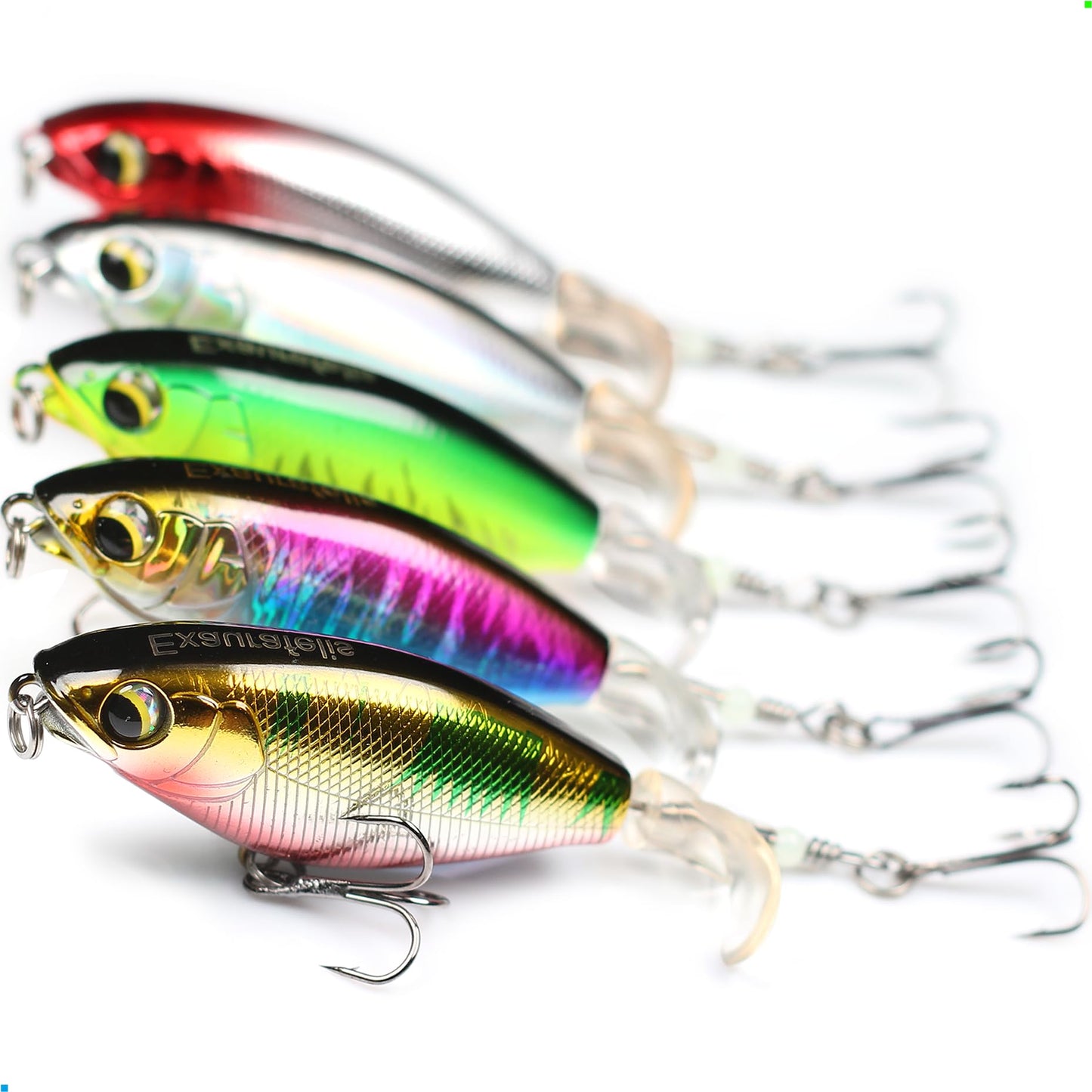 EXAURAFELIS 5pcs 3.66" Plopper Fishing Lures Topwater Fishing Lures Whopper Floating Lure for Catfish Pike Perch Top Water Bass Bait Lure with Propeller Tail Pencil Floating Lure