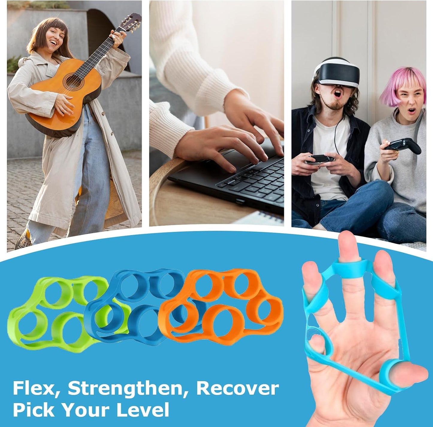 Hand Grip Strengthener Rings, Finger Strengthener Resistance Bands for Guitar/Piano Exercising, Climbing, Arthritis Therapy, Set of 3 Resistance Levels (6 PCS)