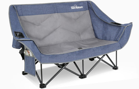 Join Nature 700lbs Capacity Double Camping Chair for 2 Adults - Low-Profile Outdoor Loveseat with XL Cup Holders & Storage Pockets, Heavy Duty Folding Couch for Camping, Lawn, Backyard (Navy Blue)