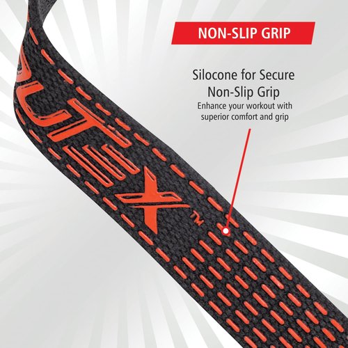 Outex Lifting Wrist Straps for Weightlifting, Gym, Powerlifting, Deadlifts, Bodybuilding, Workout, Strength Training - Premium Cotton with Neoprene Pad (Black-Red Silicone)