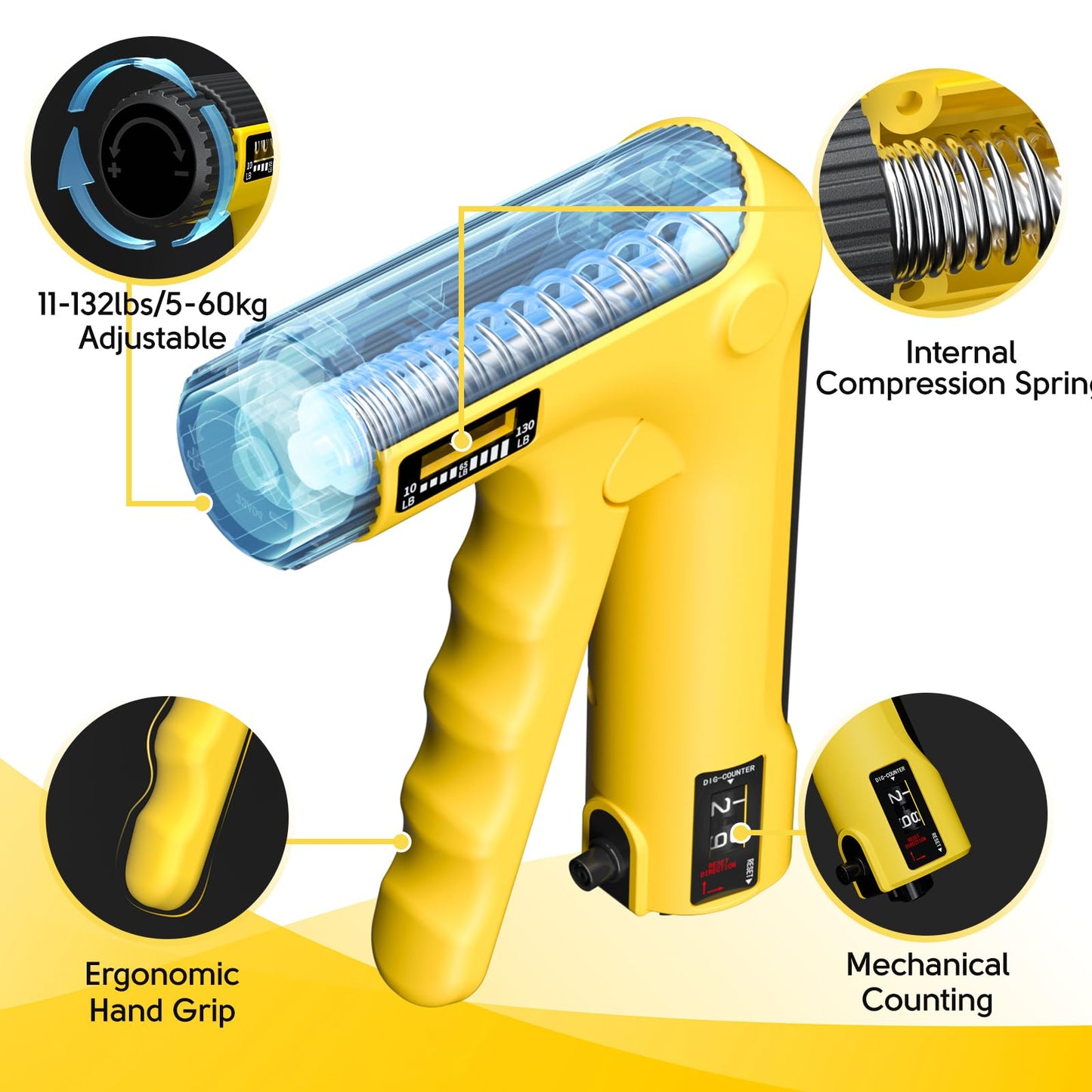 Hand Grip Strength Trainer Kit - Hand Gripper Strengthener 6 Pack with 2 Adjustable Resistance with 2 Finger Stretchers Finger Exerciser Forearm Workout Ring Exercise Equipment Yellow and Black