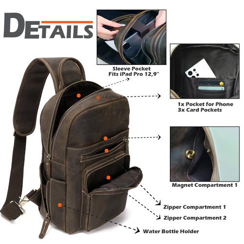 nomeity Men's Full Grain Crossbody Retro Leather Sling Bag For Men Outdoor Travel/Hiking Shoulder Chest Daypack For iPad Pro 12.9