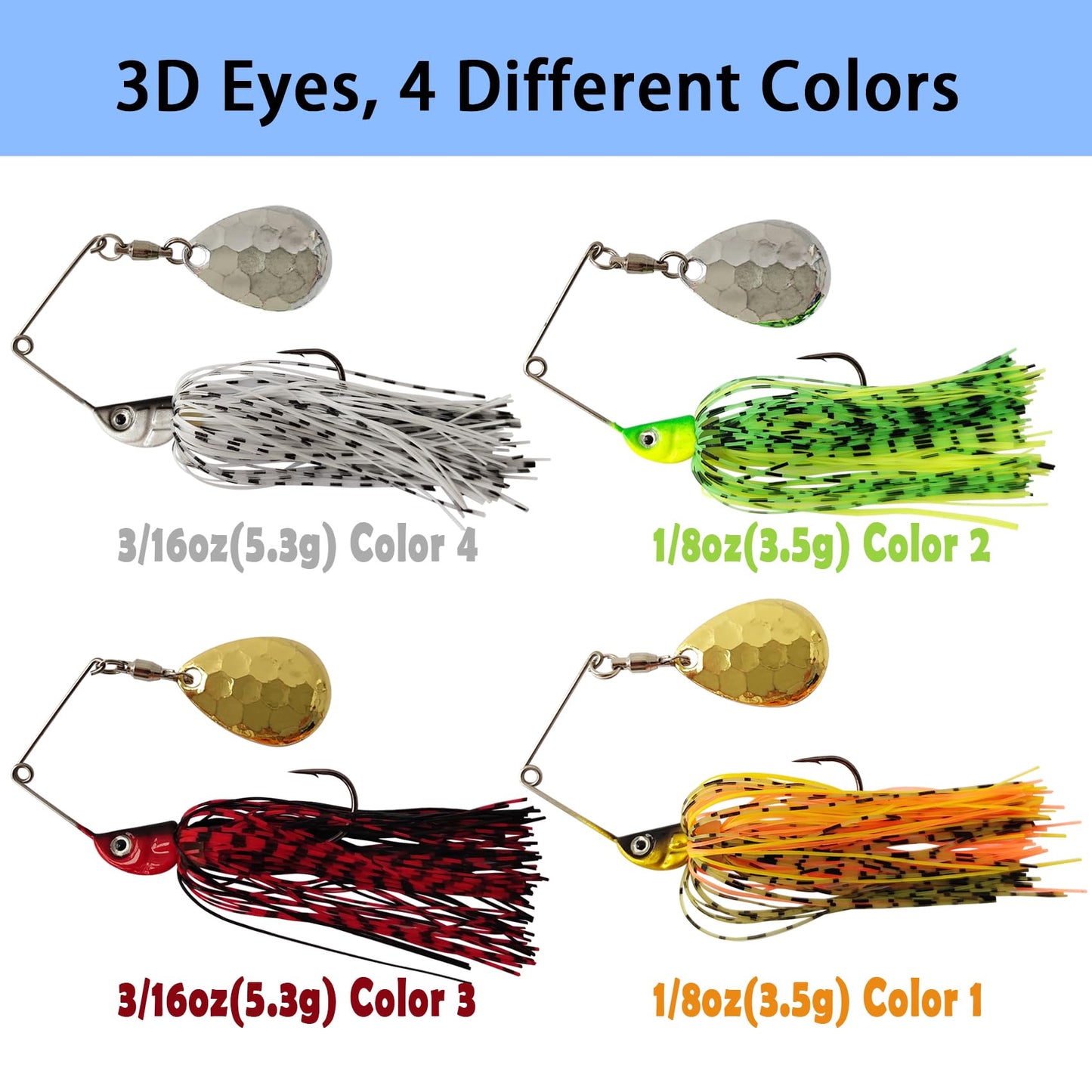 Eupheng Spinner Baits for Bass Fishing Multi-Color Kits, Double Willow & Colorado Blades with Silicone Hubbed Skirt Bass spinner baits, Available in 1/4oz, 3/8oz, 1/2oz, 1/8oz, 3/16oz