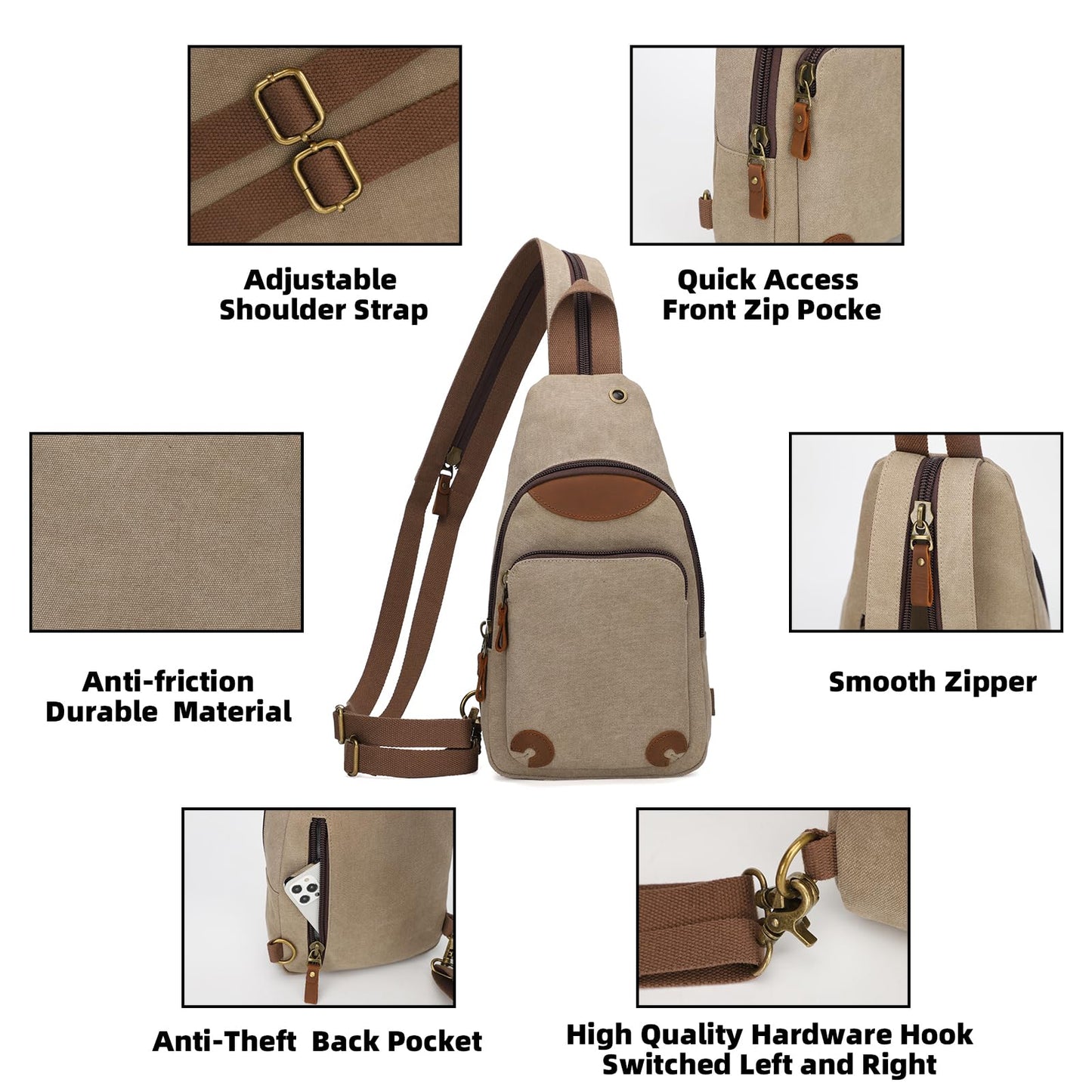 KL928 Canvas Sling Bag Crossbody Backpack Shoulder Casual Rucksack for Men Women, Khaki