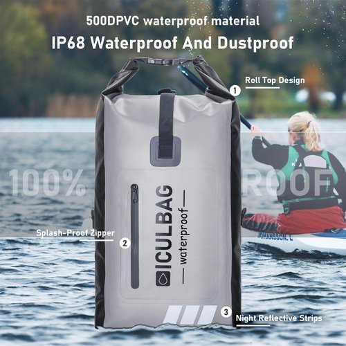 iculbag Dry Bags for Kayaking Waterproof Backpack for Women Men Waterproof Bag For Kayaking Boating Beach Travel Dry Bag Gray 20L