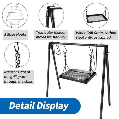 HONYTA Campfire Swing Cooking Grill Stand, Collapsible Campfire Cooking Rack with Adjustable Iron Grill Grate and Hooks for Outdoor BBQ Picnic Cookware Party Dutch Oven