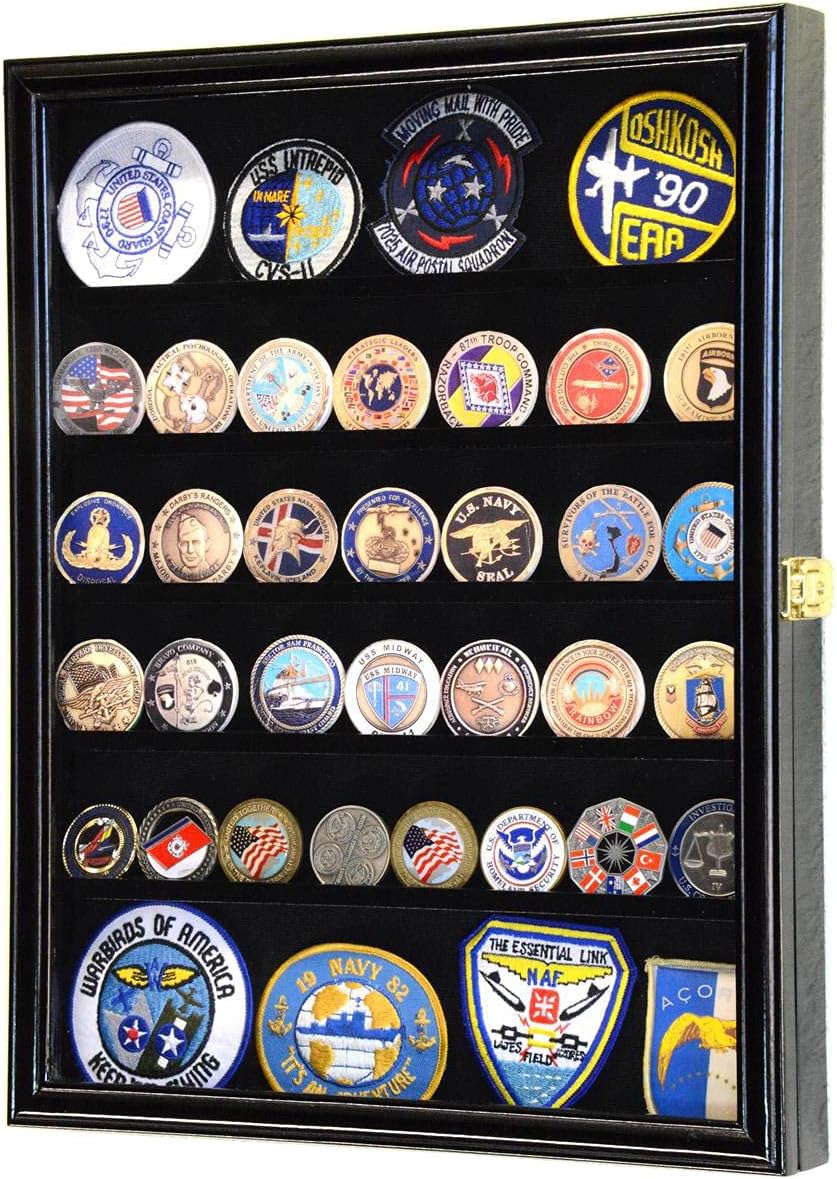 56 Challenge Coin Display Case Cabinet - Fully Adjustable Shelves - Larger Coins - 98% UV Protection (Black Finish)