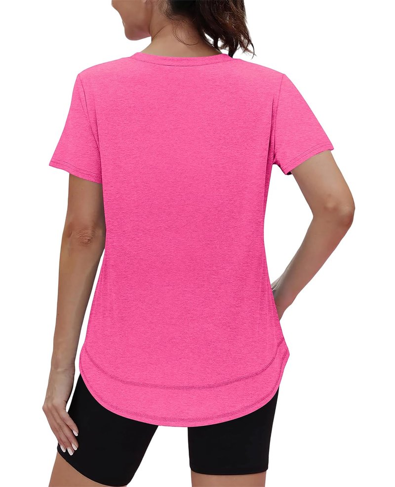 Short Sleeve Shirts for Women Workout Yoga Tops Sun Protection Clothing Summer Outfits Rash Guard Side Slit V Neck Hot Pink XL