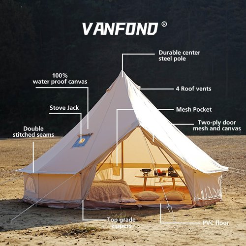 VANFOND Canvas Bell Tent with Stove Jack, Waterproof and Breathable Wall Tent for Glamping and Camping Parties - Detachable Groundsheet (Beige, 10ft(3m))