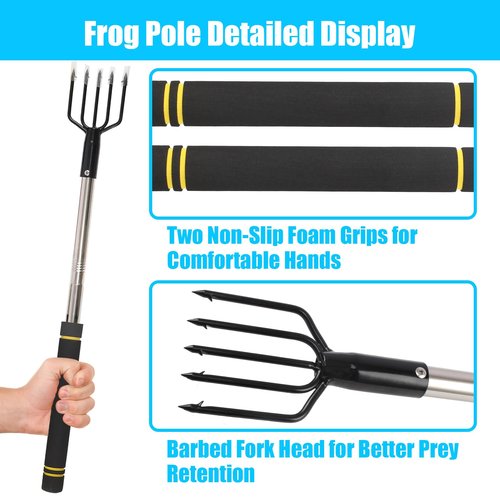 Frebuta Frog Gigging Pole,2 to 6Ft Fishing Gig Gaff with Barbed 5-Prong Harpoon Stainless Steels Flounder Gig Extension Pole Long Handle with Spong Handle Hunting Bullfrog Spears Fish Hook Sturdy