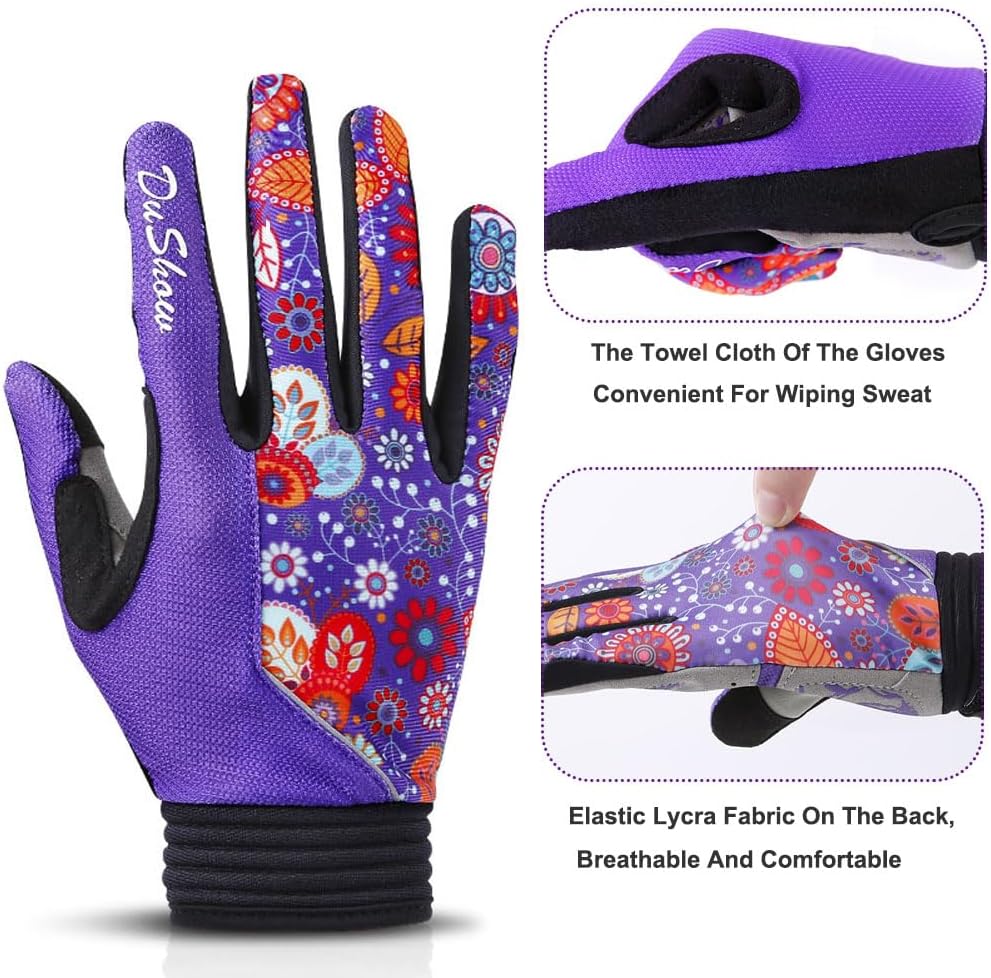 Pink Floral Cycling Gloves for Women | Full Finger Gel Padded Workout Gloves