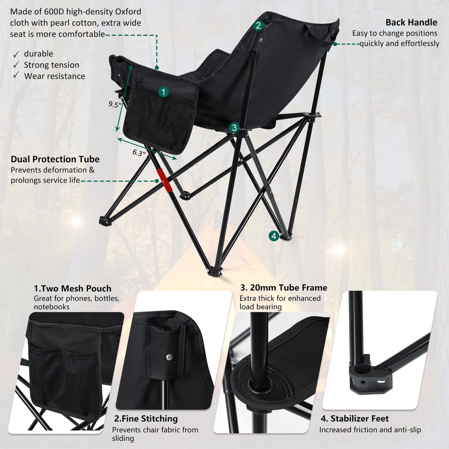 Leonyo 2 Pcs Portable Camping Chairs for Adults, Comfortable & Oversized Lawn Chair & Folding Camping Table for Outdoor Sports, Fishing, Rv Travel, Beach, Picnic – Black