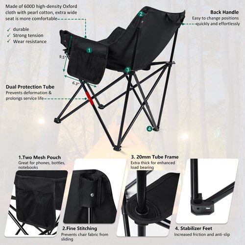 Leonyo 2 Pcs Portable Camping Chairs for Adults, Comfortable & Oversized Lawn Chair & Folding Camping Table for Outdoor Sports, Fishing, Rv Travel, Beach, Picnic – Black